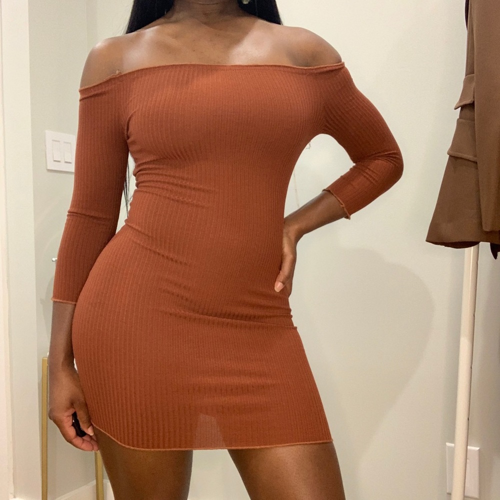 🤎🍂Brown Copper Off Shoulder Ribbed BodyCon Dress